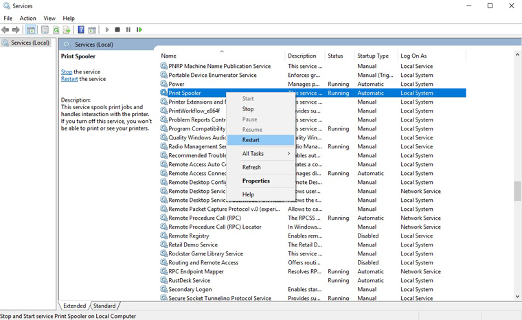 Restart Service Printer Spooler